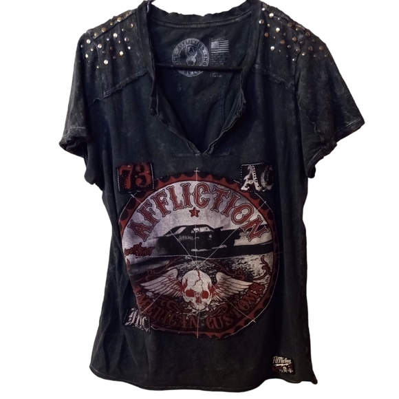 Affliction Tops - Affliction 73 AC MC with Studs on Shoulder & Back Cross Women's Shirt, Size XL